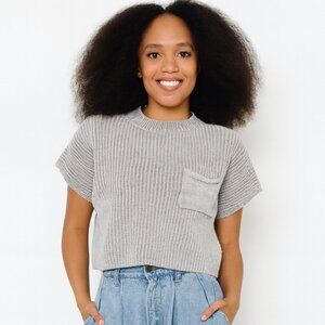 Zenana Ribbed Knit Sleeveless Crop Pullover Sweater – Cotton, Light Grey,  L/XL